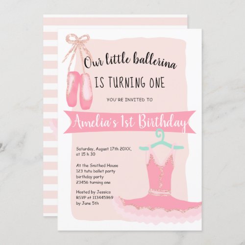 Rose Gold glitter ballerina 1st birthday party Invitation