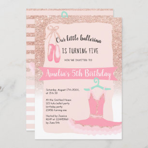 Rose Gold glitter ballerina tutu 5th birthday Invitation