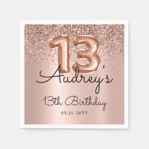 Rose Gold Glitter Balloon 13th Birthday Monogram Napkins