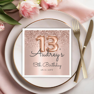 Rose Gold Glitter Balloon 13th Birthday Monogram Napkins