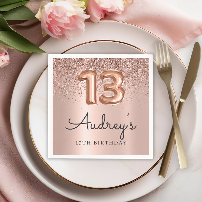 Rose Gold Glitter Balloon 13th Birthday Monogram Napkins (Creator Uploaded)