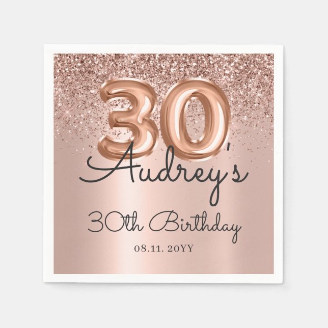 Rose Gold Glitter Balloon 30th Birthday Monogram Napkins (Front)