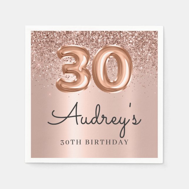 Rose Gold Glitter Balloon 30th Birthday Monogram Napkins (Front)