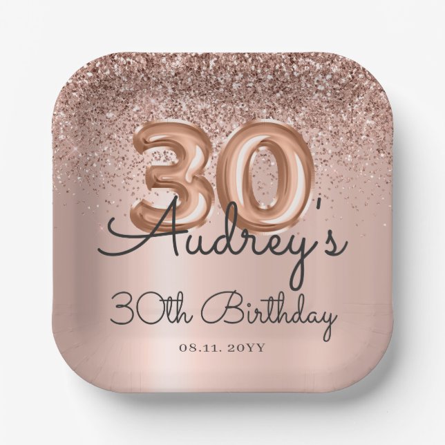 Rose Gold Glitter Balloon 30th Birthday Monogram Paper Plates (Front)