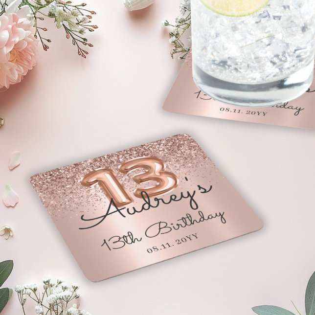 Rose Gold Glitter Balloon Metallic 13th Birthday  Square Paper Coaster (Creator Uploaded)