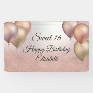 Rose gold glitter balloon sweet 16 party banner