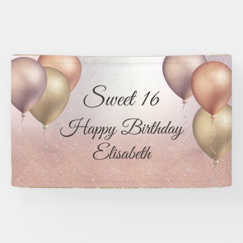 Rose gold glitter balloon sweet 16 party banner