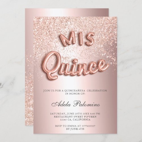 Rose gold glitter balloons chic foil Quinceanera Invitation