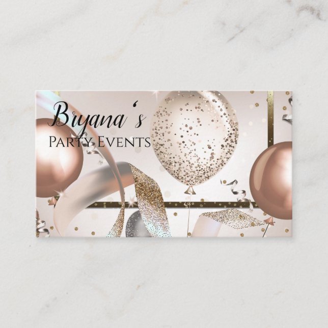 Rose Gold & Glitter Balloons Party Event Planner Business Card (Front)