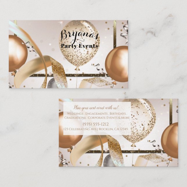 Rose Gold & Glitter Balloons Party Event Planner Business Card (Front/Back)