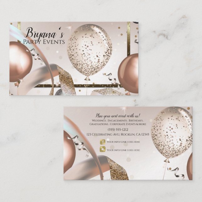 Rose Gold & Glitter Balloons Party Social Media  Business Card (Front/Back)