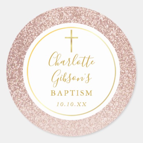 Rose Gold Glitter Baptism Christening Classic Round Sticker