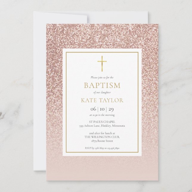 Rose Gold Glitter Baptism Christening Invitation (Front)