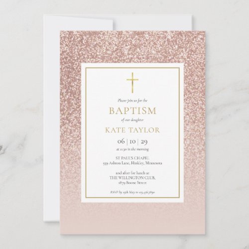 Rose Gold Glitter Baptism Christening Invitation