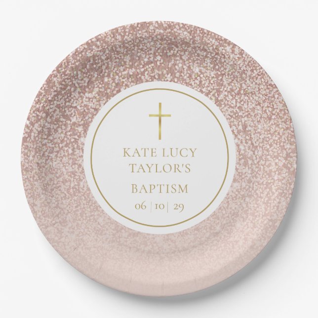 Rose Gold Glitter Baptism | Christening Paper Plates (Front)