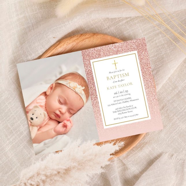Rose Gold Glitter Baptism Christening Photo Invitation (Creator Uploaded)
