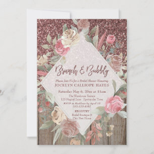 Rose Gold Glitter Barn Wood Floral Brunch & Bubbly Invitation