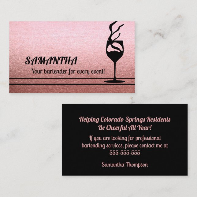Rose Gold Glitter Bartender Event Business Card (Front/Back)