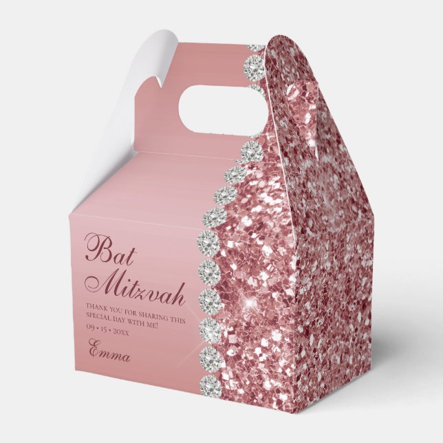 Rose Gold Glitter Bat Mitzvah Favor Boxes (Front Side)