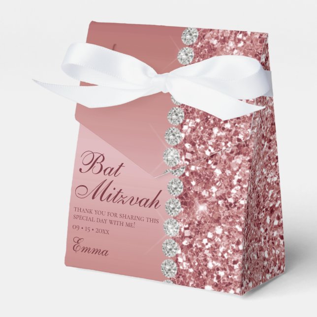 Rose Gold Glitter Bat Mitzvah Favor Boxes (Front Side)