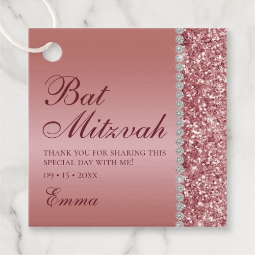 Rose Gold Glitter Bat Mitzvah Favor Tags