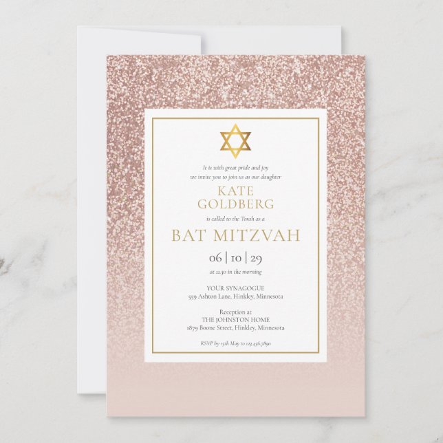 Rose Gold Glitter Bat Mitzvah Invitation (Front)
