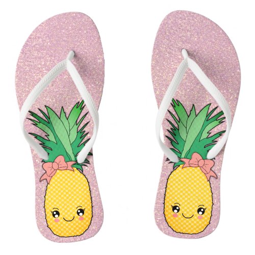 Rose Gold Glitter Beach Kawaii Pineapple Fruit Flip Flops