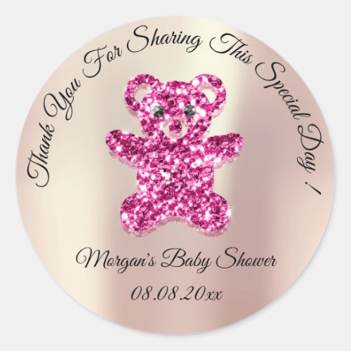 Rose Gold Glitter Bear Baby Shower Favor Pink Classic Round Sticker