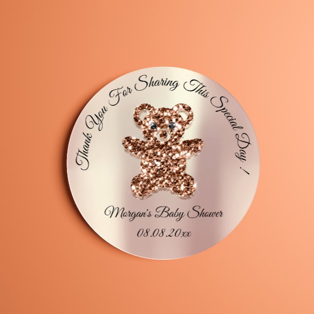 Rose Gold Glitter Bear Baby Shower Favor Thank  Classic Round Sticker (Creator Uploaded)