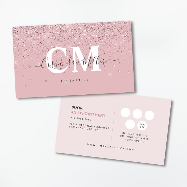 Rose Gold Glitter Beauty Aesthetics Loyalty &  Business Card (Business Card with loyalty rewards at the back.)