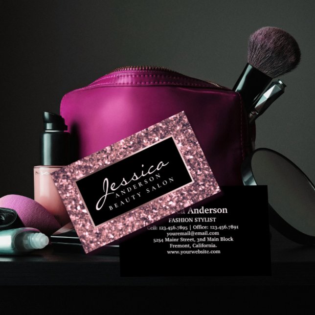 Rose Gold Glitter Beauty Salon Business Card (Rose Gold Glitter Beauty Salon Business Card #zazzlemade #luxuryrosegold #beautybusinesscard #chick)