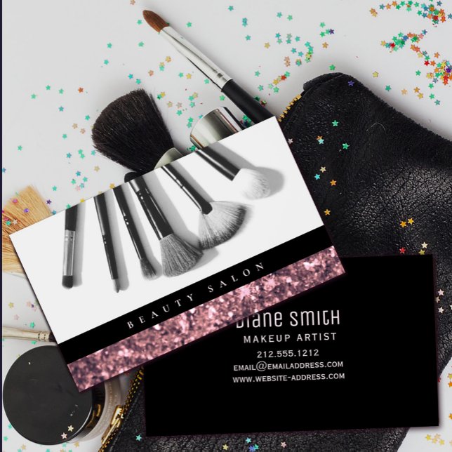 Rose Gold Glitter Beauty Salon Business Card (Rose Gold Glitter Beauty Salon Business Card #zazzlemade #brushes #beautysalon #rosegoldblack)