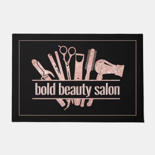 Rose Gold Glitter Beauty Salon Hairstylist Black Doormat