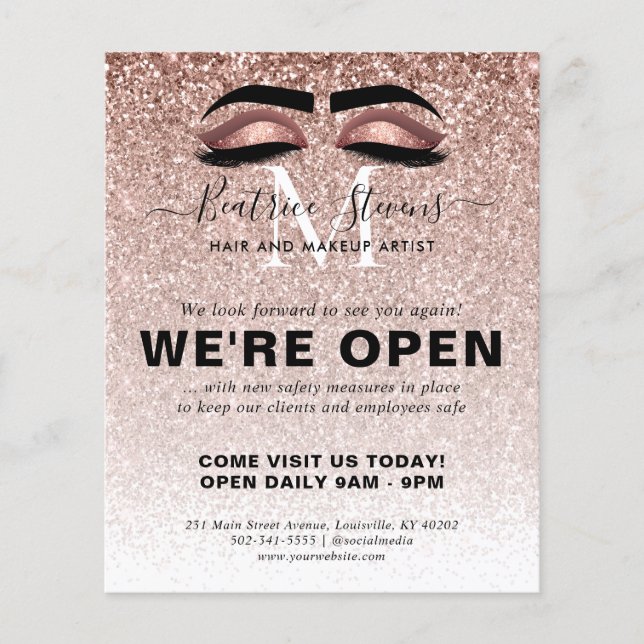 Rose Gold Glitter Beauty Salon Lashes We're Open Flyer (Front)