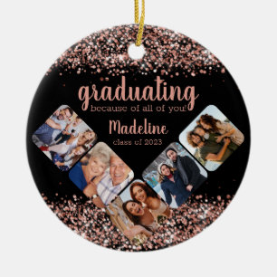 Rose Gold Glitter Because of You Five Photo Gradua Ceramic Ornament