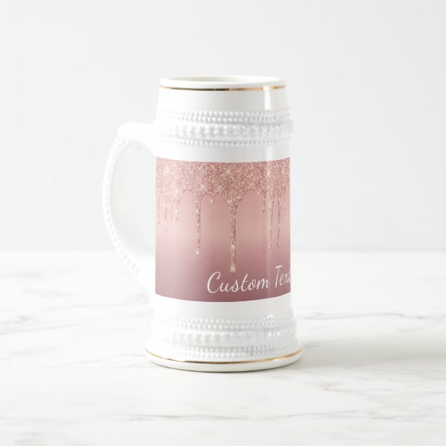 Rose Gold Glitter Beer Stein with Custom Text (Front Left)