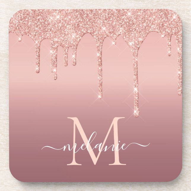 Rose Gold Glitter Beverage Coster Your Name Letter Coaster (Front)