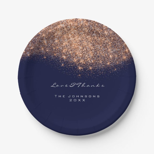 Rose Gold Glitter Birthday Blue Navy 16th Wedding Paper Plates (Front)