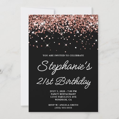 Rose Gold Glitter Black 21st Birthday Invitation