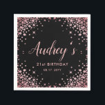 Rose Gold Glitter Black 21st Birthday Monogram Napkins<br><div class="desc">Modern Elegant Sparkle Rose Gold Glitter Black 21st Birthday Monogram Custom Personalized Napkin. This feminine Girly Adult Birhday party design feature an elegant hand lettered calligraphy script and rose gold diamond glitter frame on black background. Ideal for a feminine adult milestone birthday celebration, perfectly captures the essence of a modern...</div>