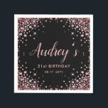 Rose Gold Glitter Black 21st Birthday Monogram Napkins<br><div class="desc">Modern Elegant Sparkle Rose Gold Glitter Black 21st Birthday Monogram Custom Personalized Napkin. This feminine Girly Adult Birhday party design feature an elegant hand lettered calligraphy script and rose gold diamond glitter frame on black background. Ideal for a feminine adult milestone birthday celebration, perfectly captures the essence of a modern...</div>