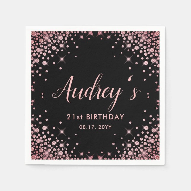 Rose Gold Glitter Black 21st Birthday Monogram Napkins (Front)