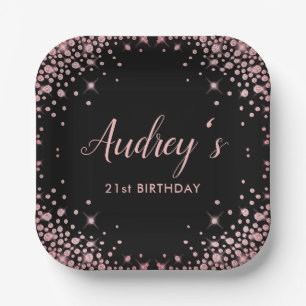 Rose Gold Glitter Black 21st Birthday Monogram Paper Plates