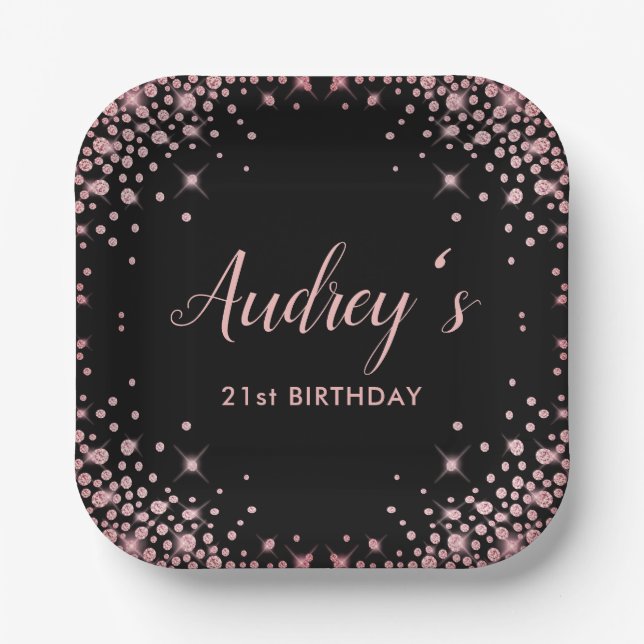 Rose Gold Glitter Black 21st  Birthday Monogram Paper Plates (Front)