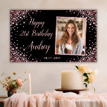 Rose Gold Glitter Black 21st Birthday Photo Banner<br><div class="desc">Modern Elegant Sparkle Rose Gold Glitter Black 21st Custom Photo Birthday Welcome Banner. Welcome guests with this feminine Girly Adult Birhday party decor sign featuring an elegant hand lettered calligraphy script and rose gold diamond glitter frame on black background. Ideal for a feminine adult milestone birthday celebration perfectly captures the...</div>