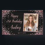 Rose Gold Glitter Black 21st Birthday Photo Banner<br><div class="desc">Modern Elegant Sparkle Rose Gold Glitter Black 21st Custom Photo Birthday Welcome Banner. Welcome guests with this feminine Girly Adult Birhday party decor sign featuring an elegant hand lettered calligraphy script and rose gold diamond glitter frame on black background. Ideal for a feminine adult milestone birthday celebration perfectly captures the...</div>