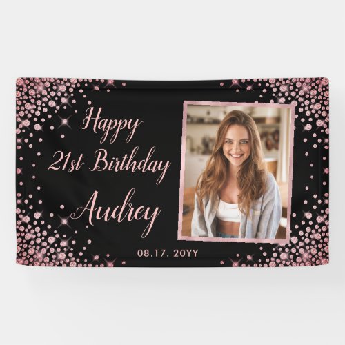 Rose Gold Glitter Black 21st Birthday Photo Banner