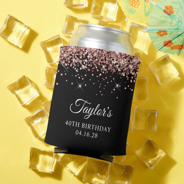 Rose Gold Glitter Black 40th Birthday Can Cooler (In Situ Summer)
