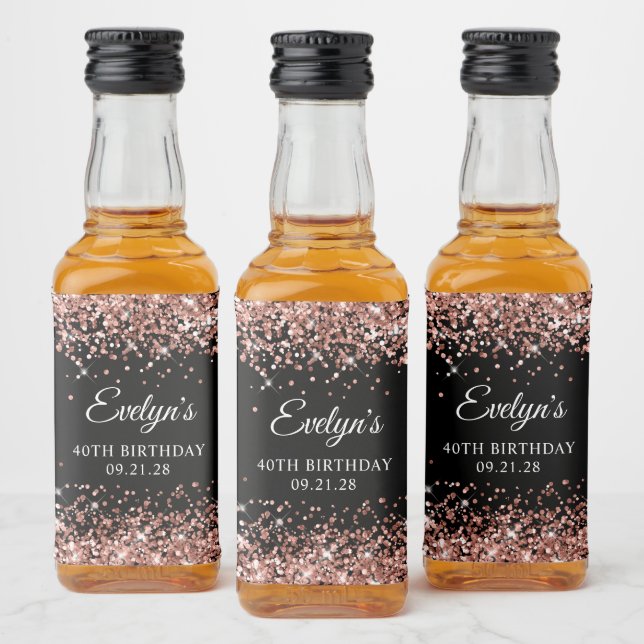 Rose Gold Glitter Black 40th Birthday Liquor Bottle Label (Bottles)