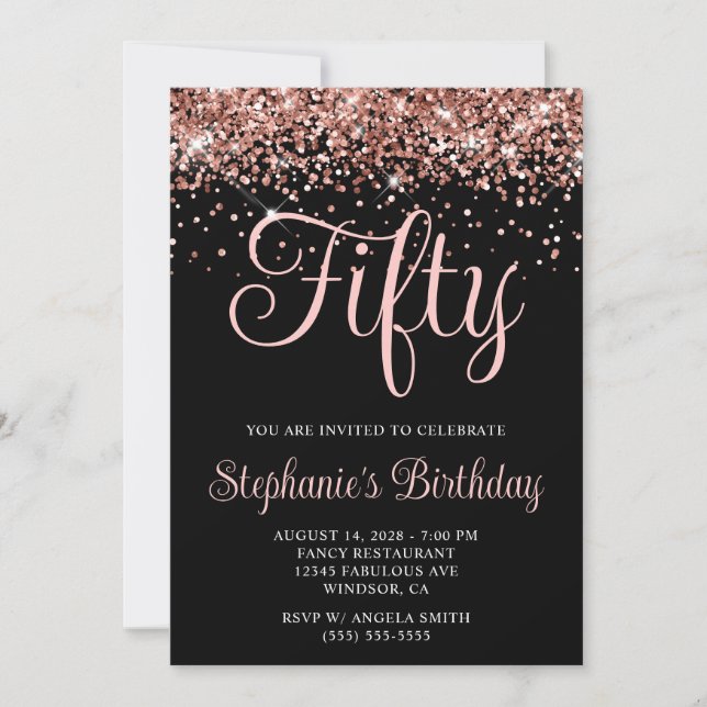 Rose Gold Glitter Black 50th Birthday Invitation (Front)